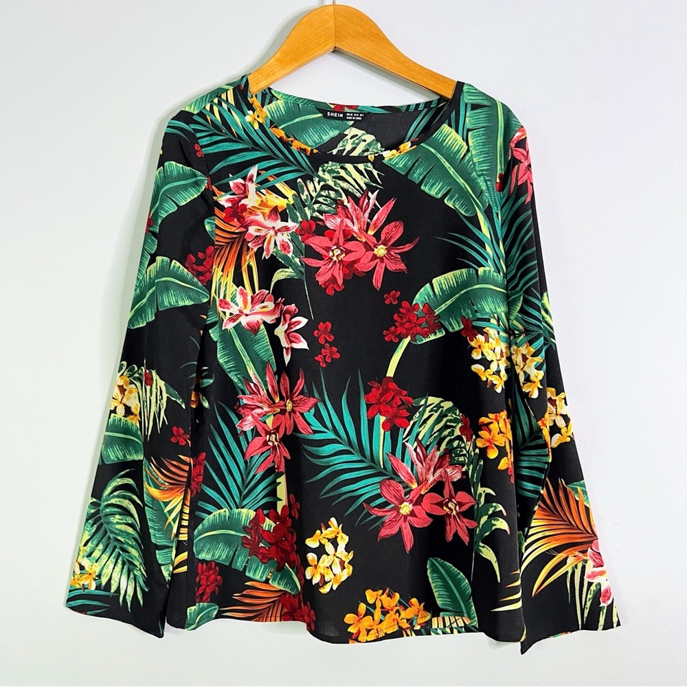 Shein Black Floral Tropical Top Size XS